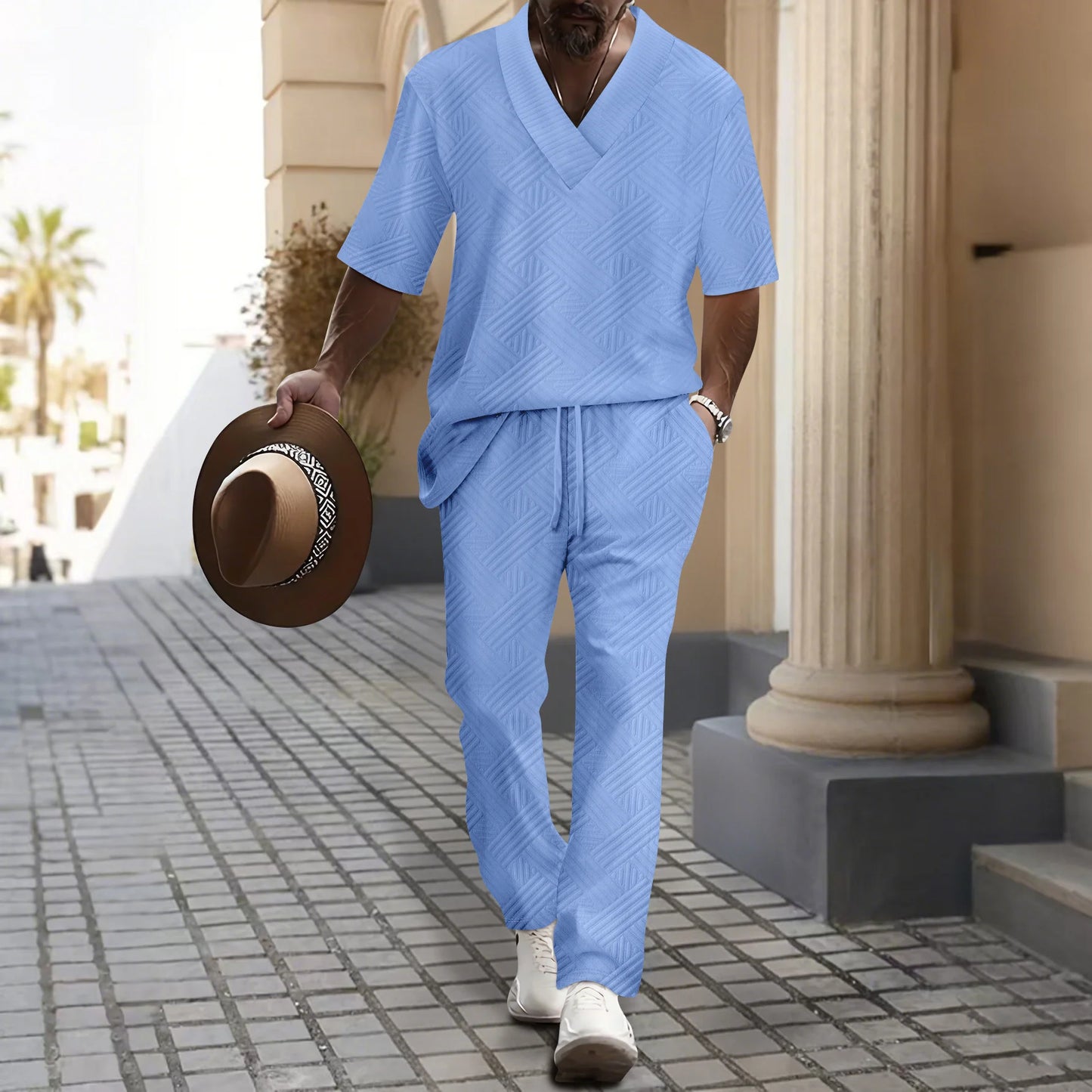 Set Uomo Primavera/Autunno 2025: Top a V e Pantaloni in Colore Unico per un Look Casual e Raffinato