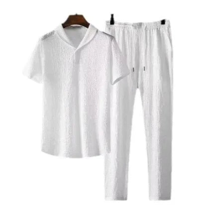 Set Polo Casual Uomo Estate: Camicia a Maniche Corte Pieghettata con Colletto a Polo e Pantaloni Leggeri