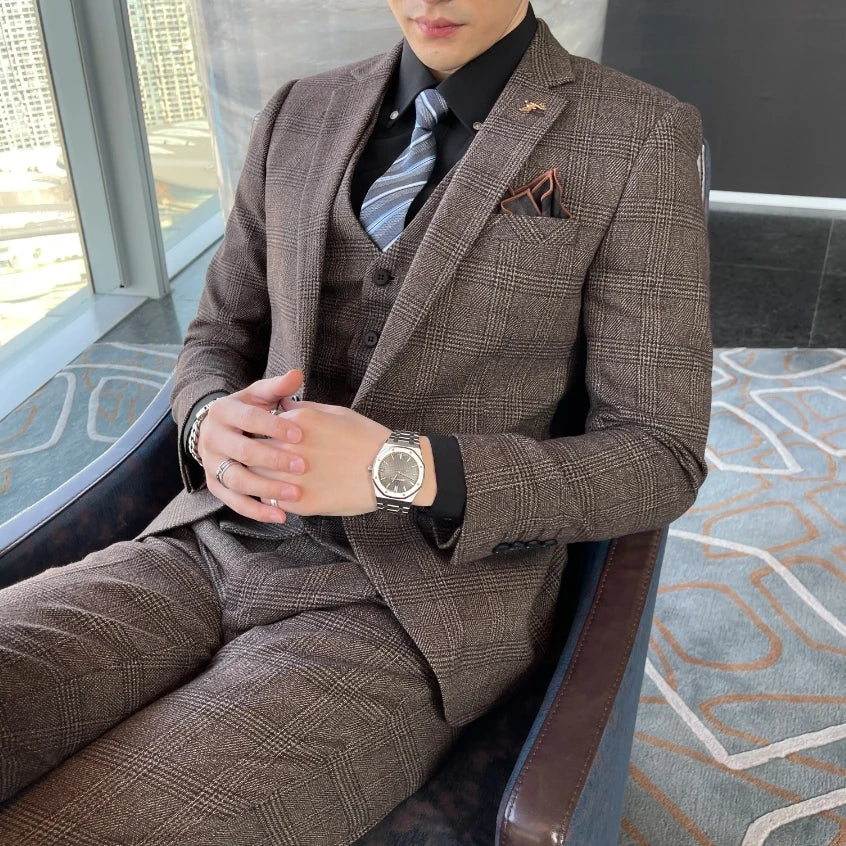 Completo Plaid Modificato in Stile Britanno-Coreano: Eleganza e Raffinatezza per l'Uomo Moderno"