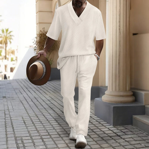 Set Uomo Primavera/Autunno 2025: Top a V e Pantaloni in Colore Unico per un Look Casual e Raffinato