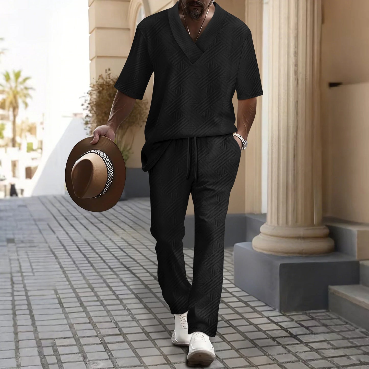 Set Uomo Primavera/Autunno 2025: Top a V e Pantaloni in Colore Unico per un Look Casual e Raffinato