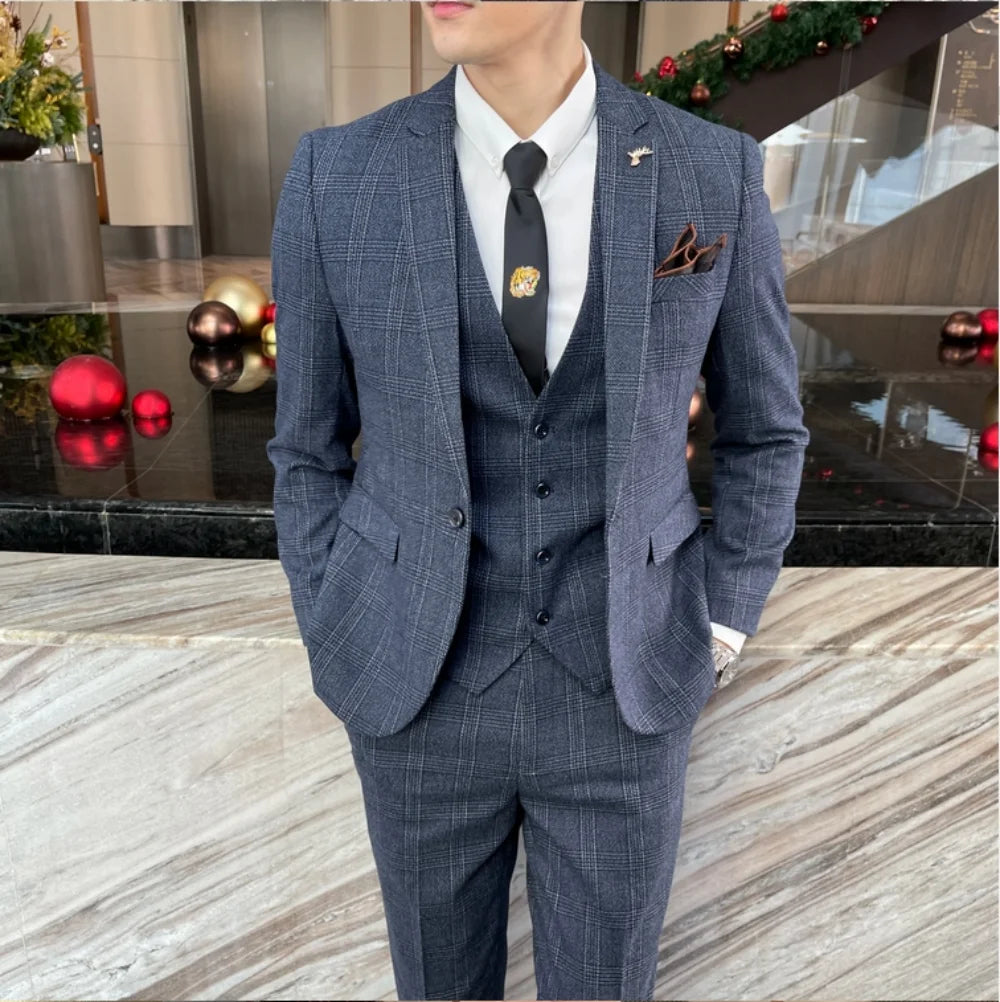 Completo Plaid Modificato in Stile Britanno-Coreano: Eleganza e Raffinatezza per l'Uomo Moderno"