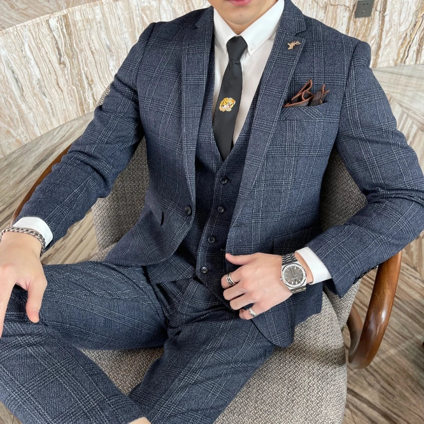 Completo Plaid Modificato in Stile Britanno-Coreano: Eleganza e Raffinatezza per l'Uomo Moderno"