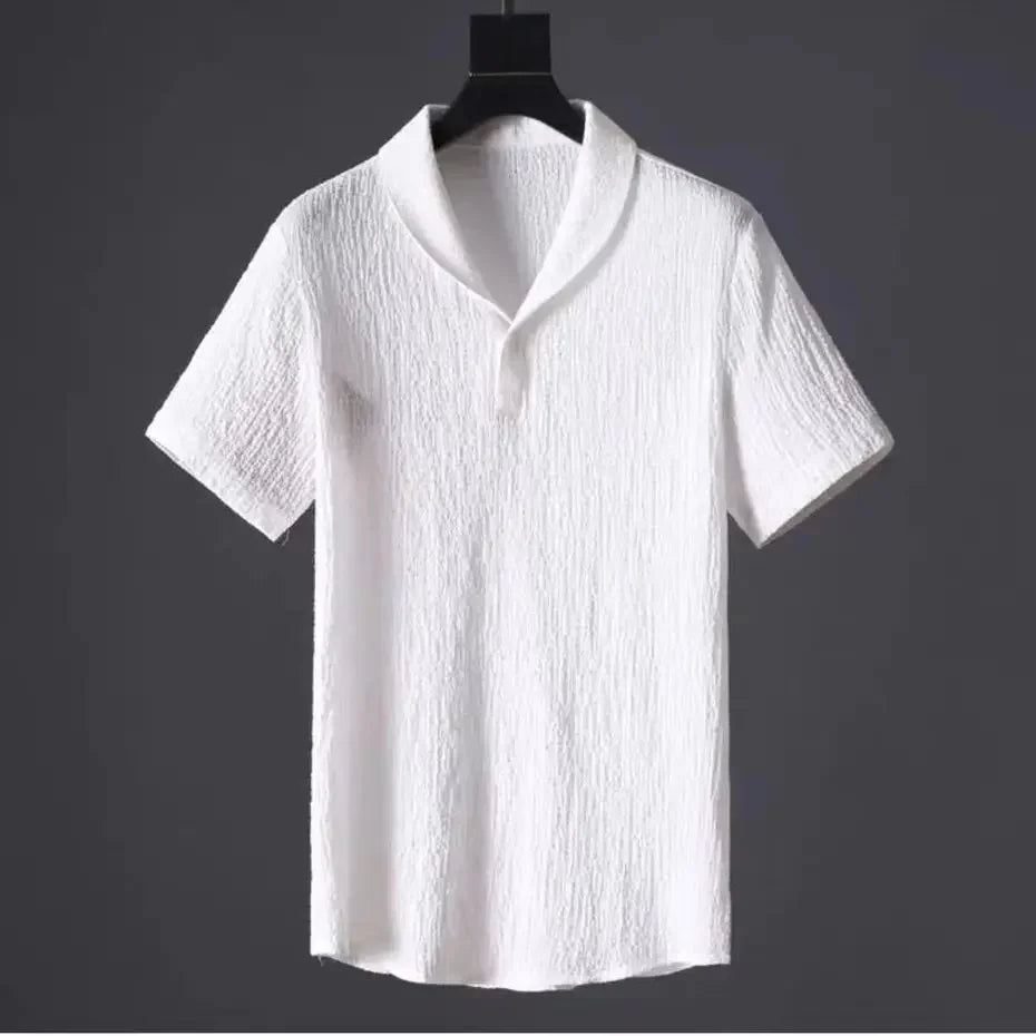 Set Polo Casual Uomo Estate: Camicia a Maniche Corte Pieghettata con Colletto a Polo e Pantaloni Leggeri