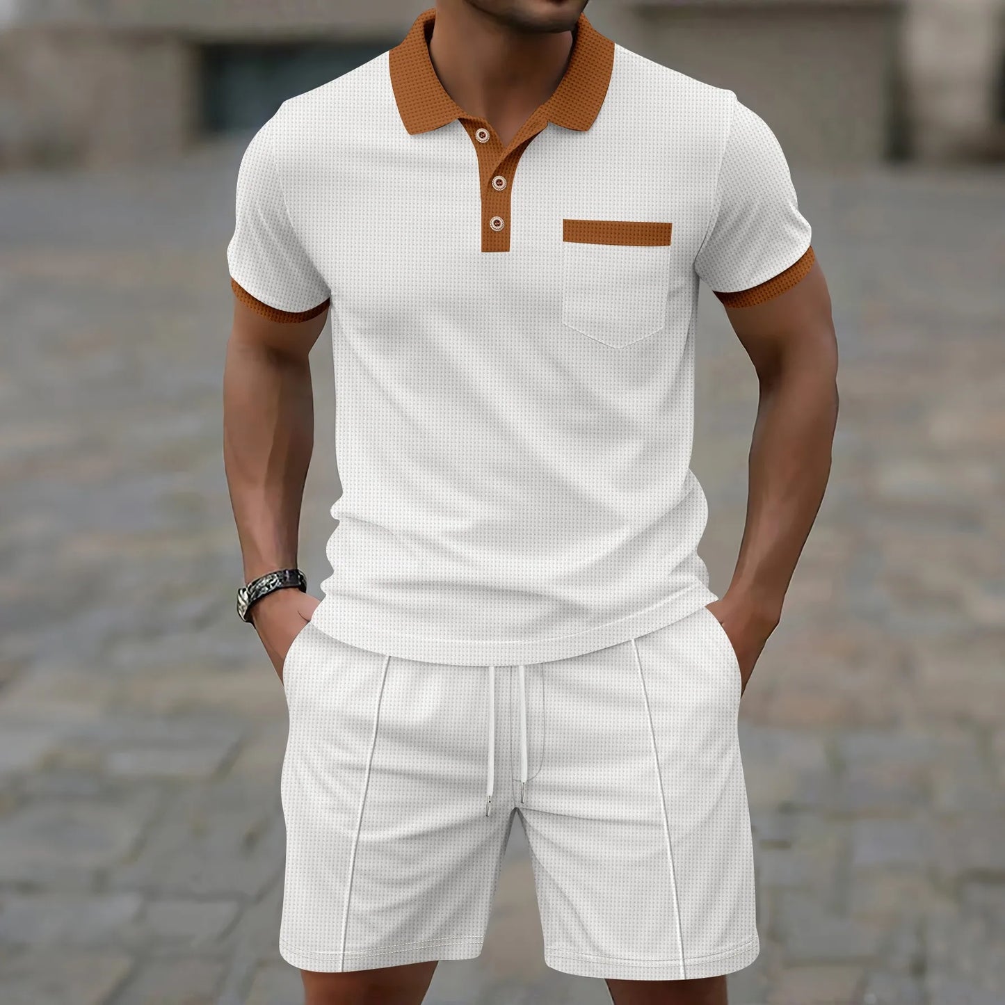 Set Uomo Estate 2025: Polo con Tasca Waffle e Pantaloncini Coordinati in Abbinamento di Colori