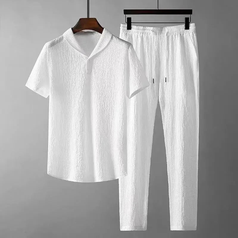 Set Polo Casual Uomo Estate: Camicia a Maniche Corte Pieghettata con Colletto a Polo e Pantaloni Leggeri