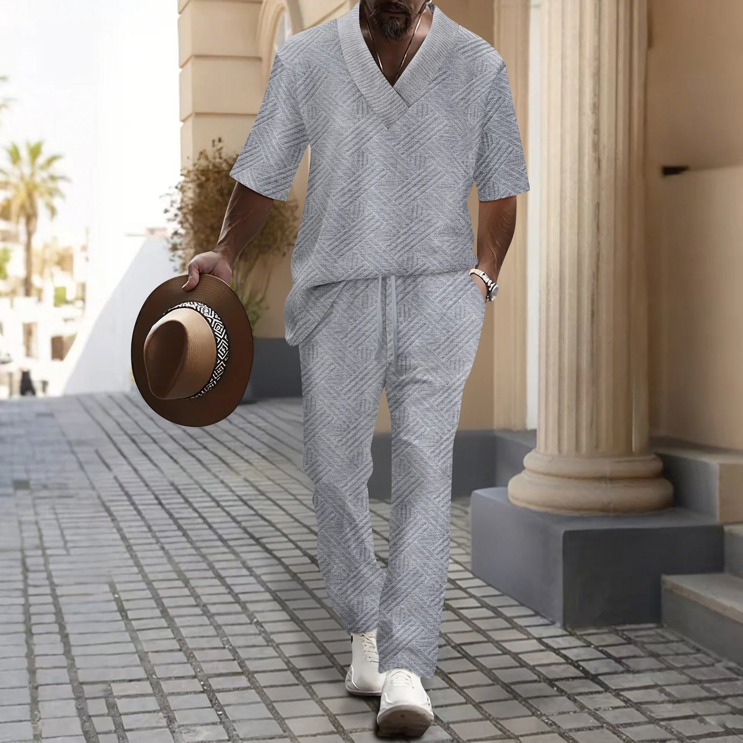 Set Uomo Primavera/Autunno 2025: Top a V e Pantaloni in Colore Unico per un Look Casual e Raffinato