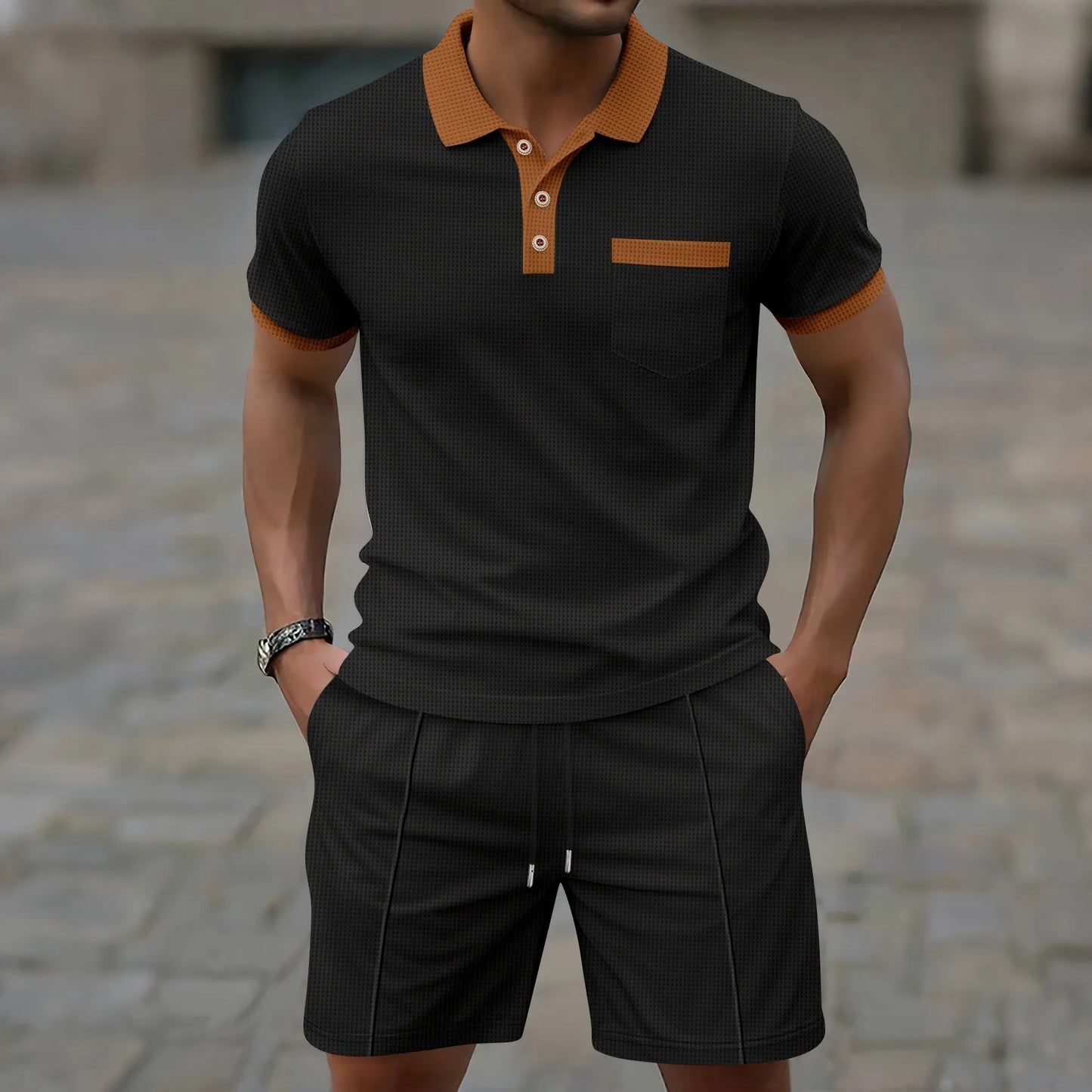 Set Uomo Estate 2025: Polo con Tasca Waffle e Pantaloncini Coordinati in Abbinamento di Colori