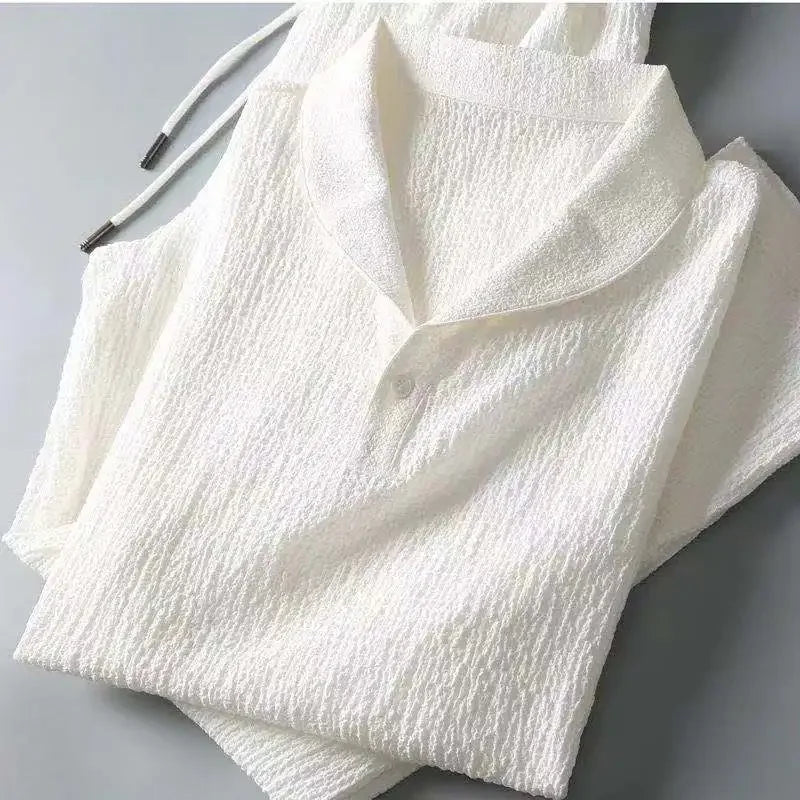 Set Polo Casual Uomo Estate: Camicia a Maniche Corte Pieghettata con Colletto a Polo e Pantaloni Leggeri