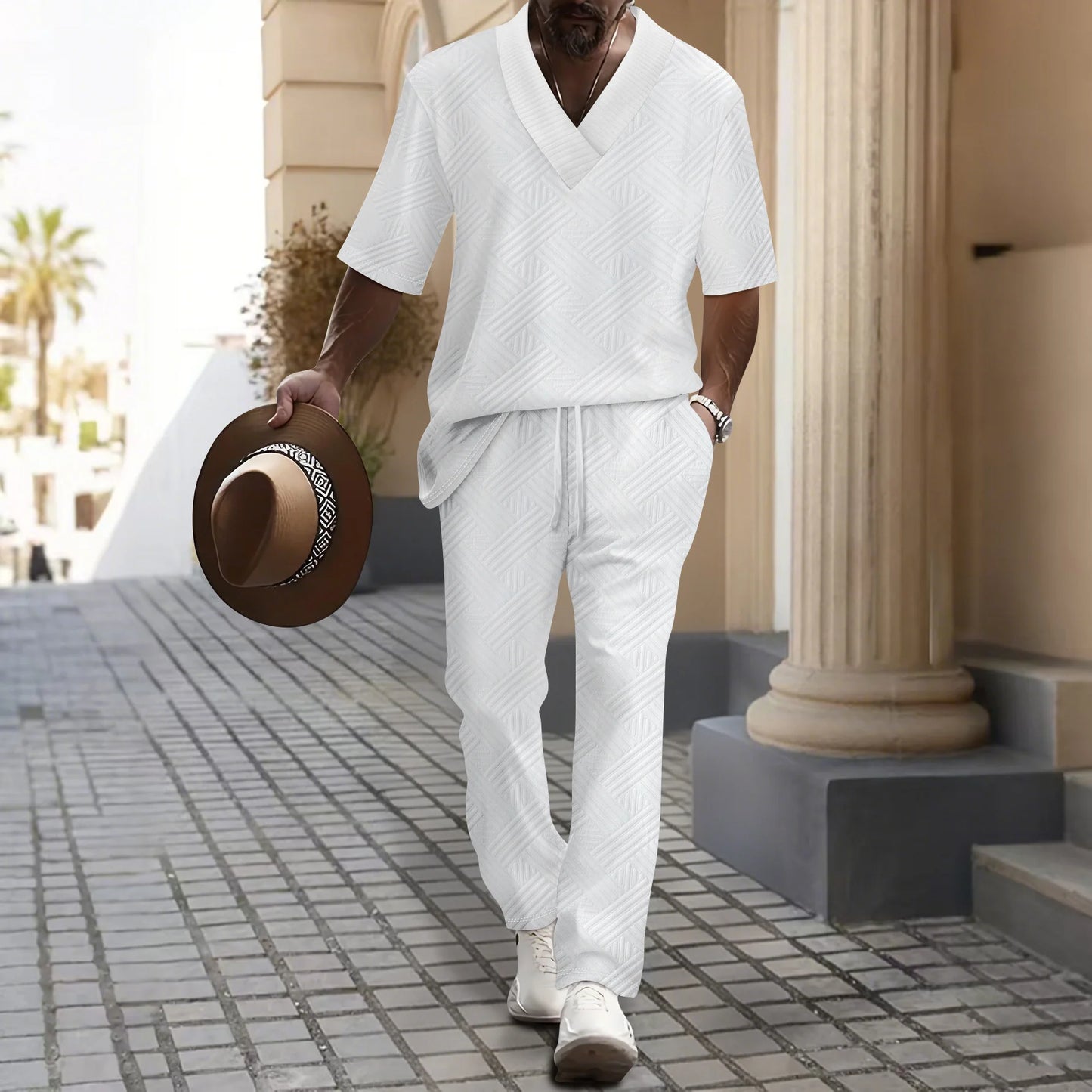 Set Uomo Primavera/Autunno 2025: Top a V e Pantaloni in Colore Unico per un Look Casual e Raffinato