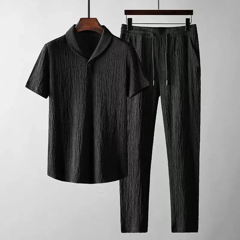 Set Polo Casual Uomo Estate: Camicia a Maniche Corte Pieghettata con Colletto a Polo e Pantaloni Leggeri