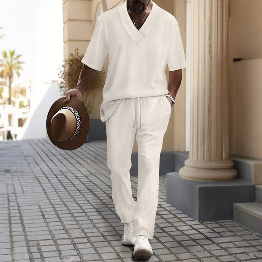 Set Uomo Primavera/Autunno 2025: Top a V e Pantaloni in Colore Unico per un Look Casual e Raffinato