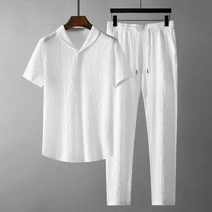 Set Polo Casual Uomo Estate: Camicia a Maniche Corte Pieghettata con Colletto a Polo e Pantaloni Leggeri