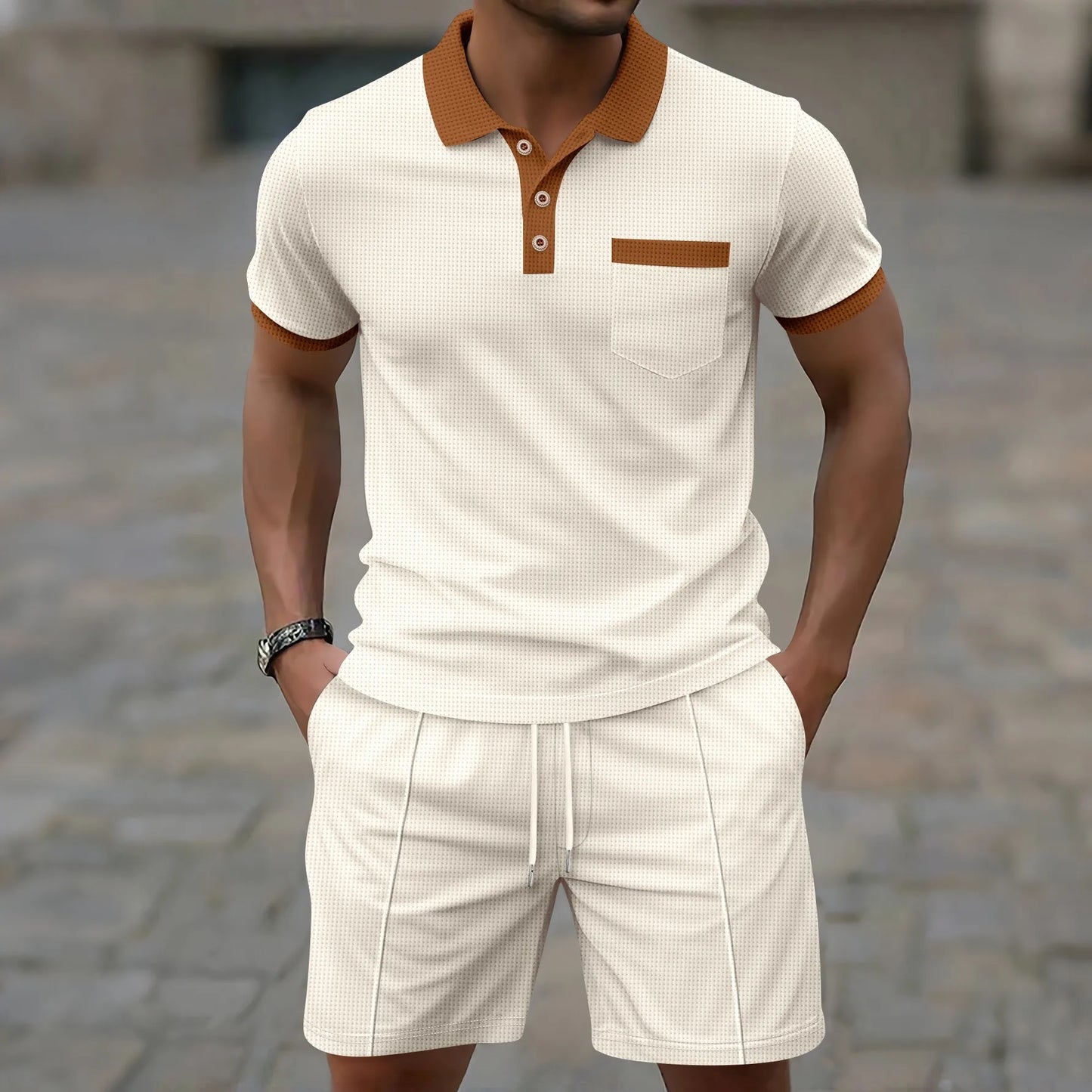 Set Uomo Estate 2025: Polo con Tasca Waffle e Pantaloncini Coordinati in Abbinamento di Colori