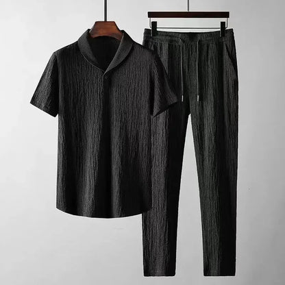 Set Polo Casual Uomo Estate: Camicia a Maniche Corte Pieghettata con Colletto a Polo e Pantaloni Leggeri