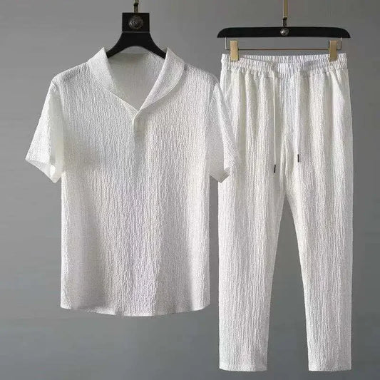 Set Polo Casual Uomo Estate: Camicia a Maniche Corte Pieghettata con Colletto a Polo e Pantaloni Leggeri